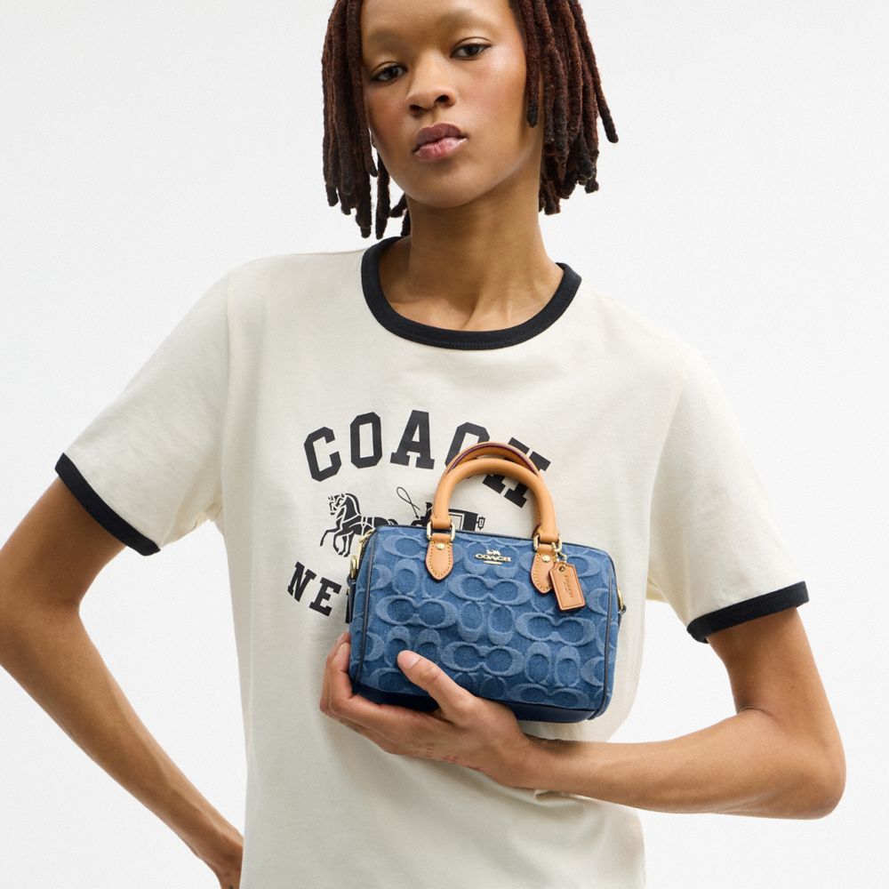 Coach Mini Rowan Crossbody Bag In Signature Denim Gold Indigo
