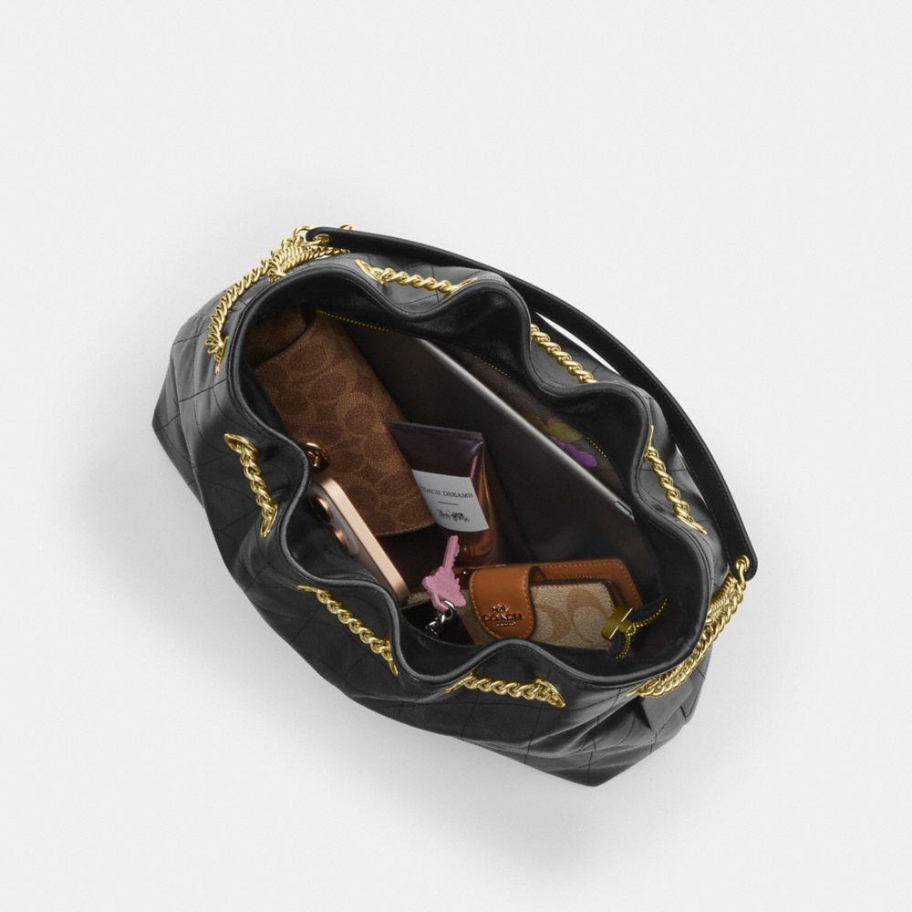 Coach Evelyn Shoulder Bag With Quilting Gold Black