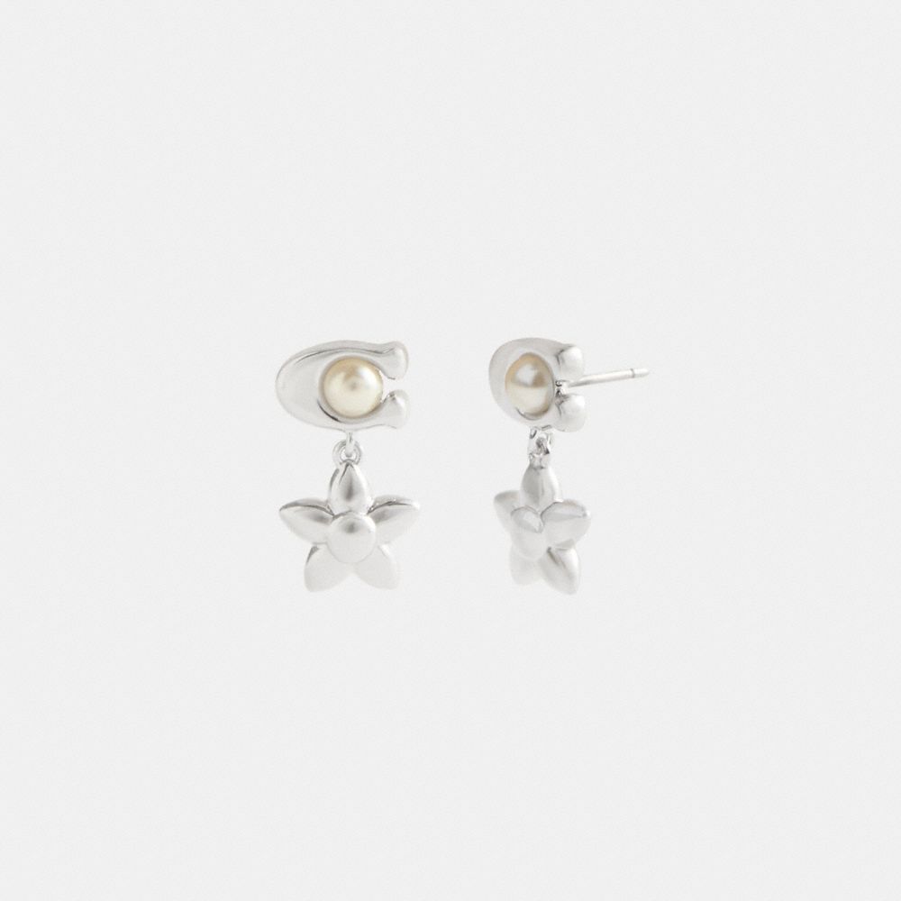 Coach Wildflower Signature Pearl Drop Earrings Silver Pearl
