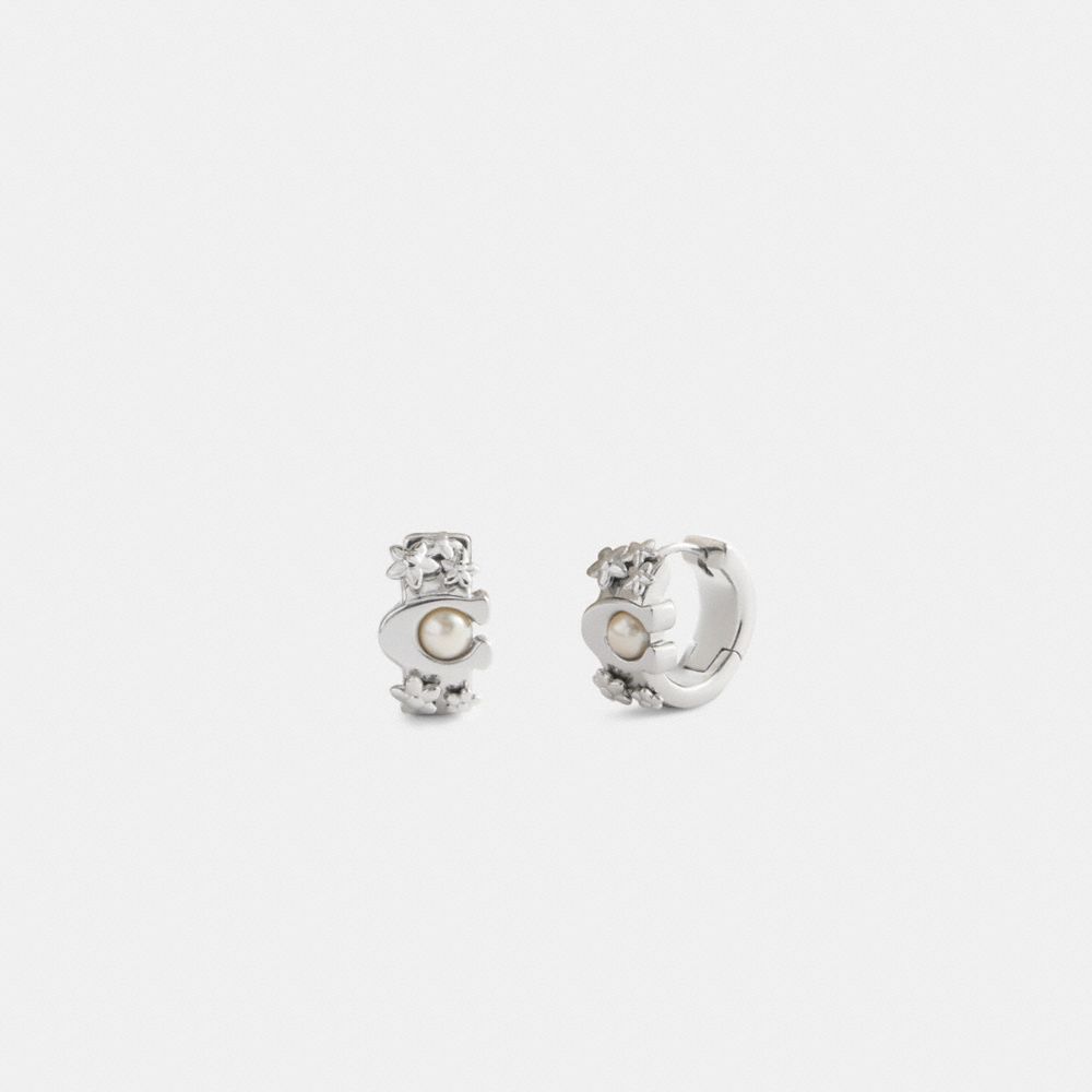 Coach Wildflower Signature Pearl Huggie Earrings Silver Pearl