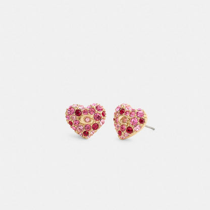 Coach Pavé Heart Stud Earrings Gold Pink