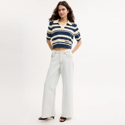 Coach Striped Knit Polo Navy Ivory
