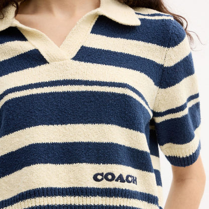 Coach Striped Knit Polo Navy Ivory
