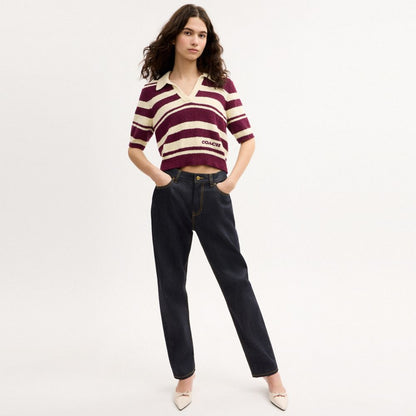 Coach Striped Knit Polo Burgundy Ivory