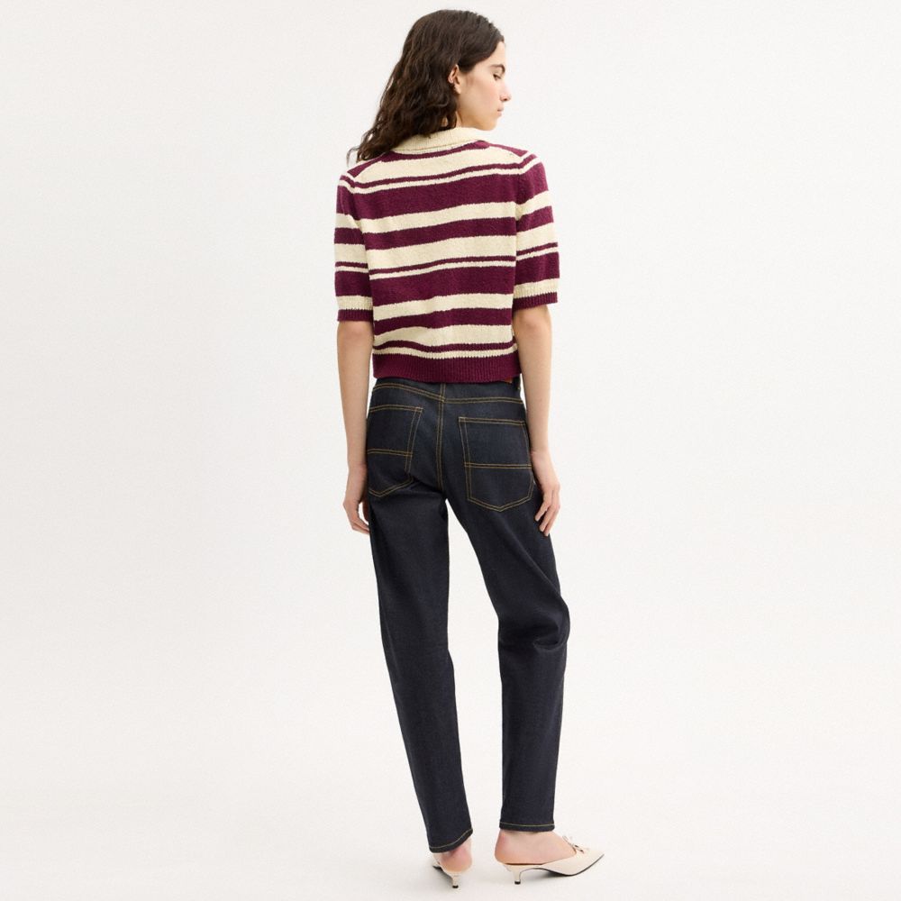 Coach Striped Knit Polo Burgundy Ivory