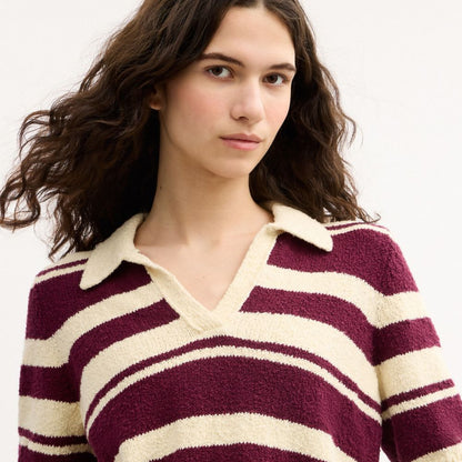 Coach Striped Knit Polo Burgundy Ivory