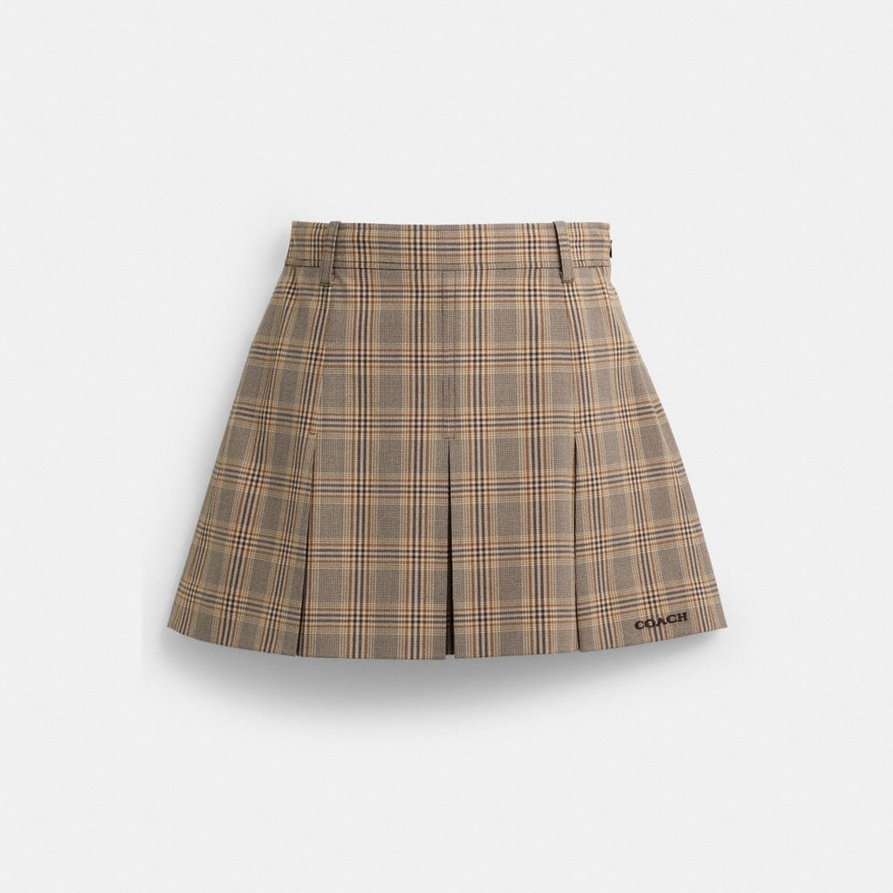 Coach Pleated Plaid Skirt In Recycled Polyester Tan Multi