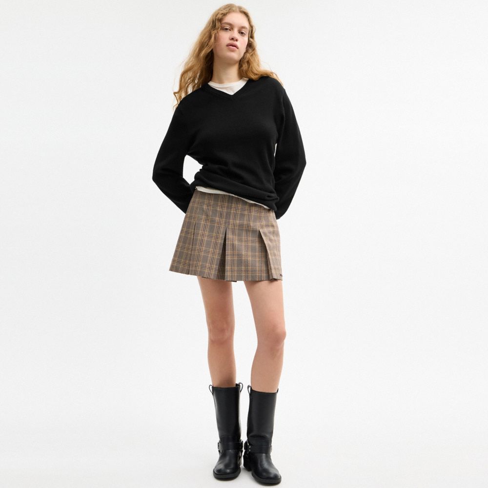 Coach Pleated Plaid Skirt In Recycled Polyester Tan Multi