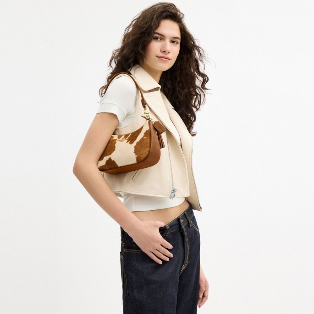 Coach Teri Shoulder Bag In Haircalf With Cow Print Gold Cow Multi