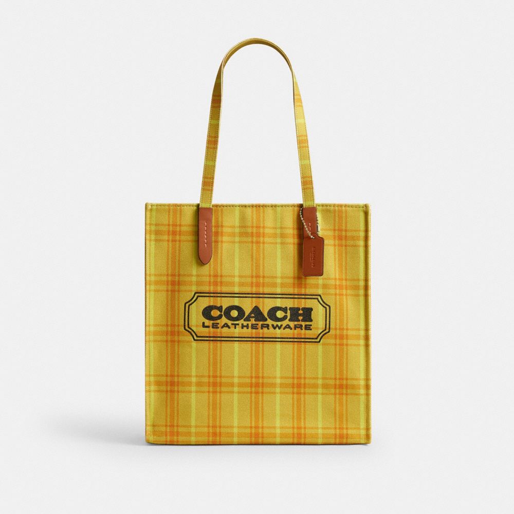 Coach Canvas Tote Bag With Plaid Print Gold Burnished Amber
