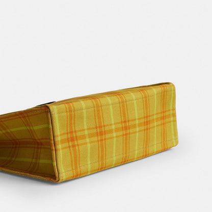 Coach Canvas Tote Bag With Plaid Print Gold Burnished Amber