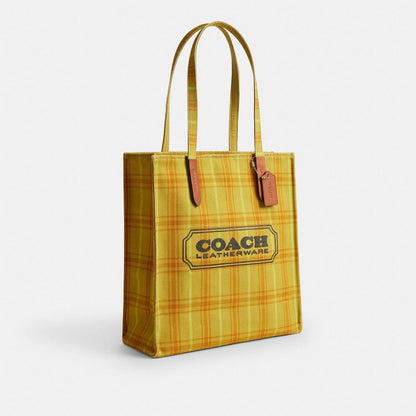 Coach Canvas Tote Bag With Plaid Print Gold Burnished Amber