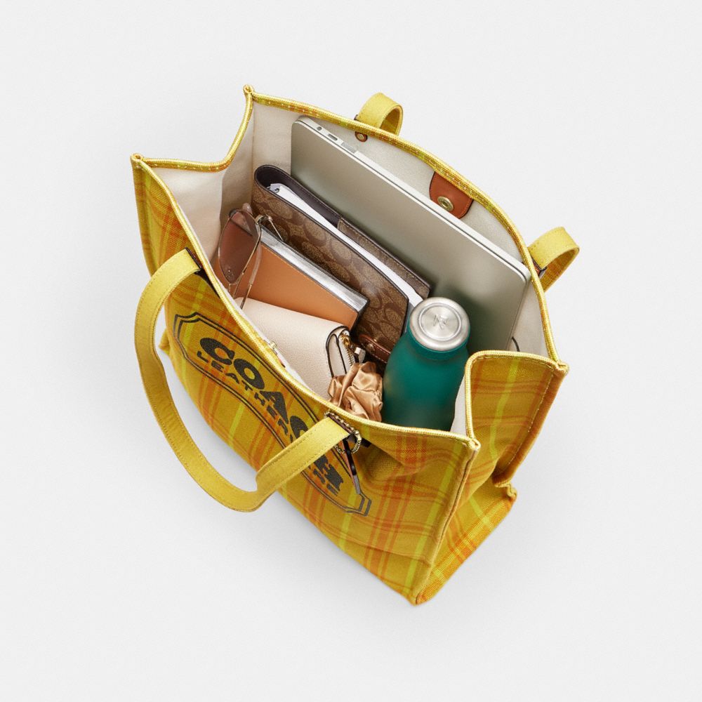Coach Canvas Tote Bag With Plaid Print Gold Burnished Amber