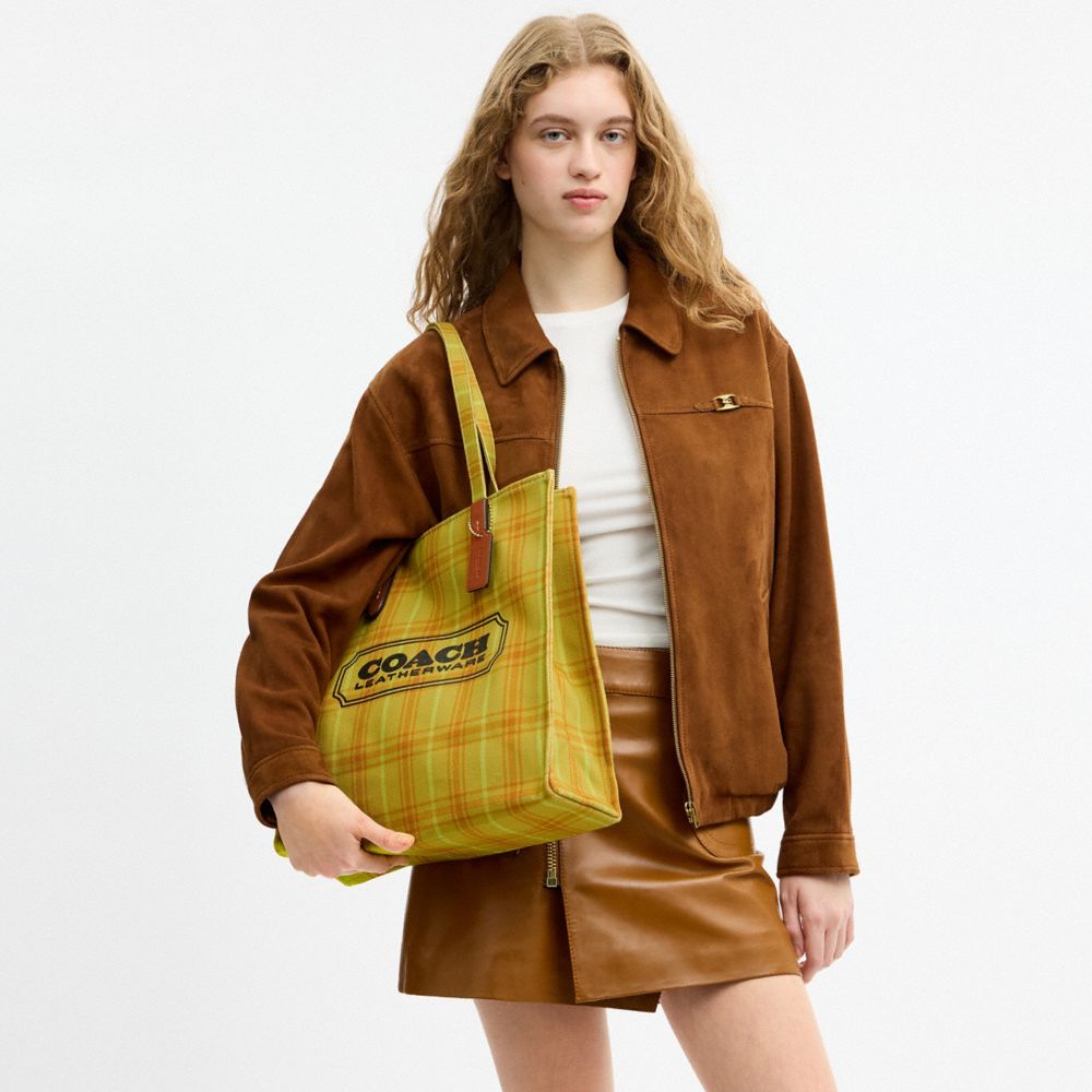 Coach Canvas Tote Bag With Plaid Print Gold Burnished Amber