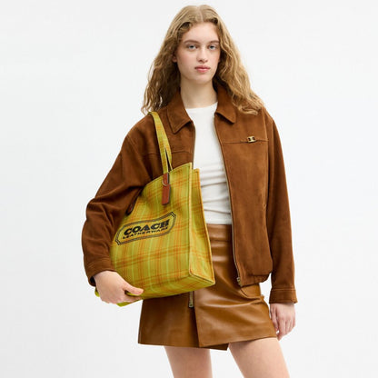 Coach Canvas Tote Bag With Plaid Print Gold Burnished Amber