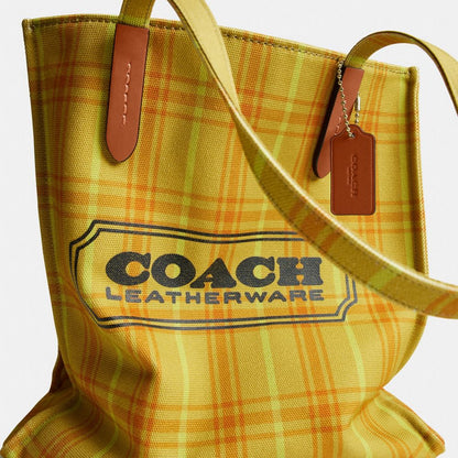 Coach Canvas Tote Bag With Plaid Print Gold Burnished Amber