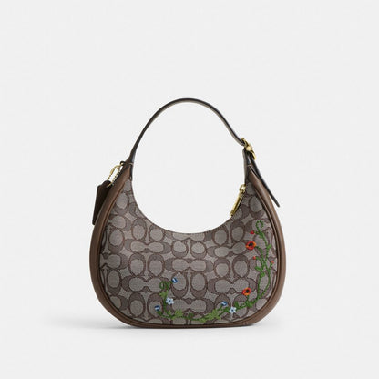 Coach Emily Shoulder Bag In Signature Jacquard With Floral Embroidery Gold Oak Multi
