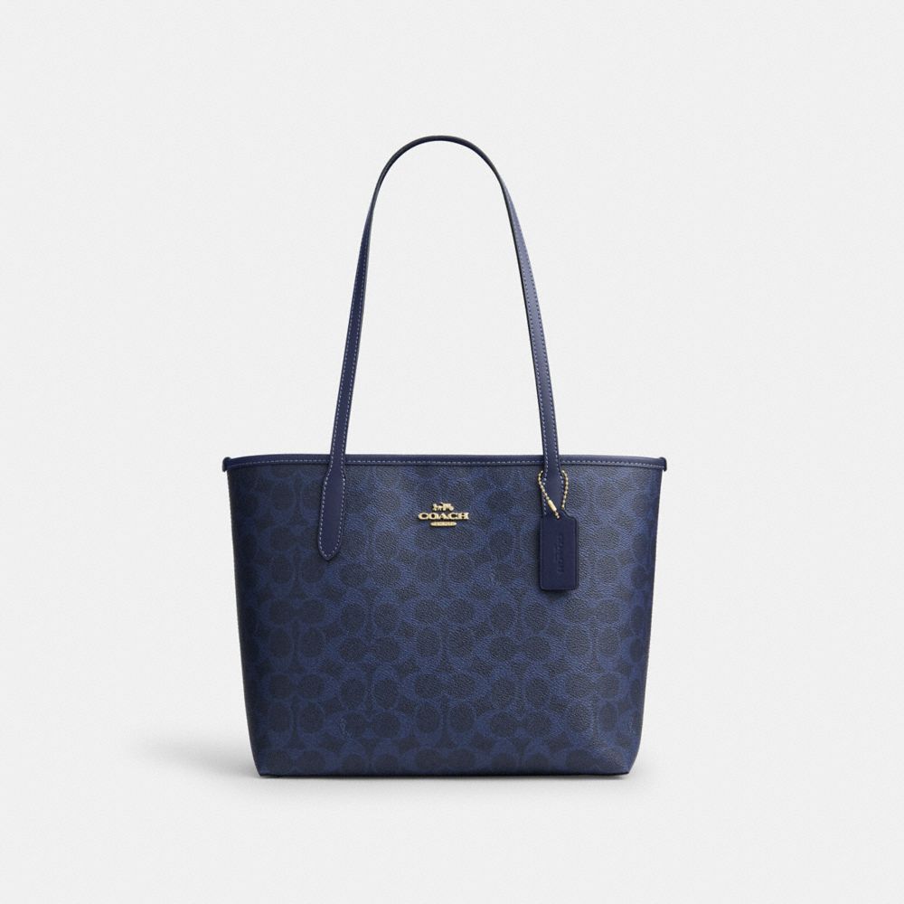 Coach Medium City Tote Bag In Signature Canvas Gold/Navy