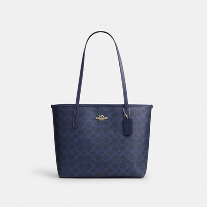 Coach Medium City Tote Bag In Signature Canvas Gold/Navy