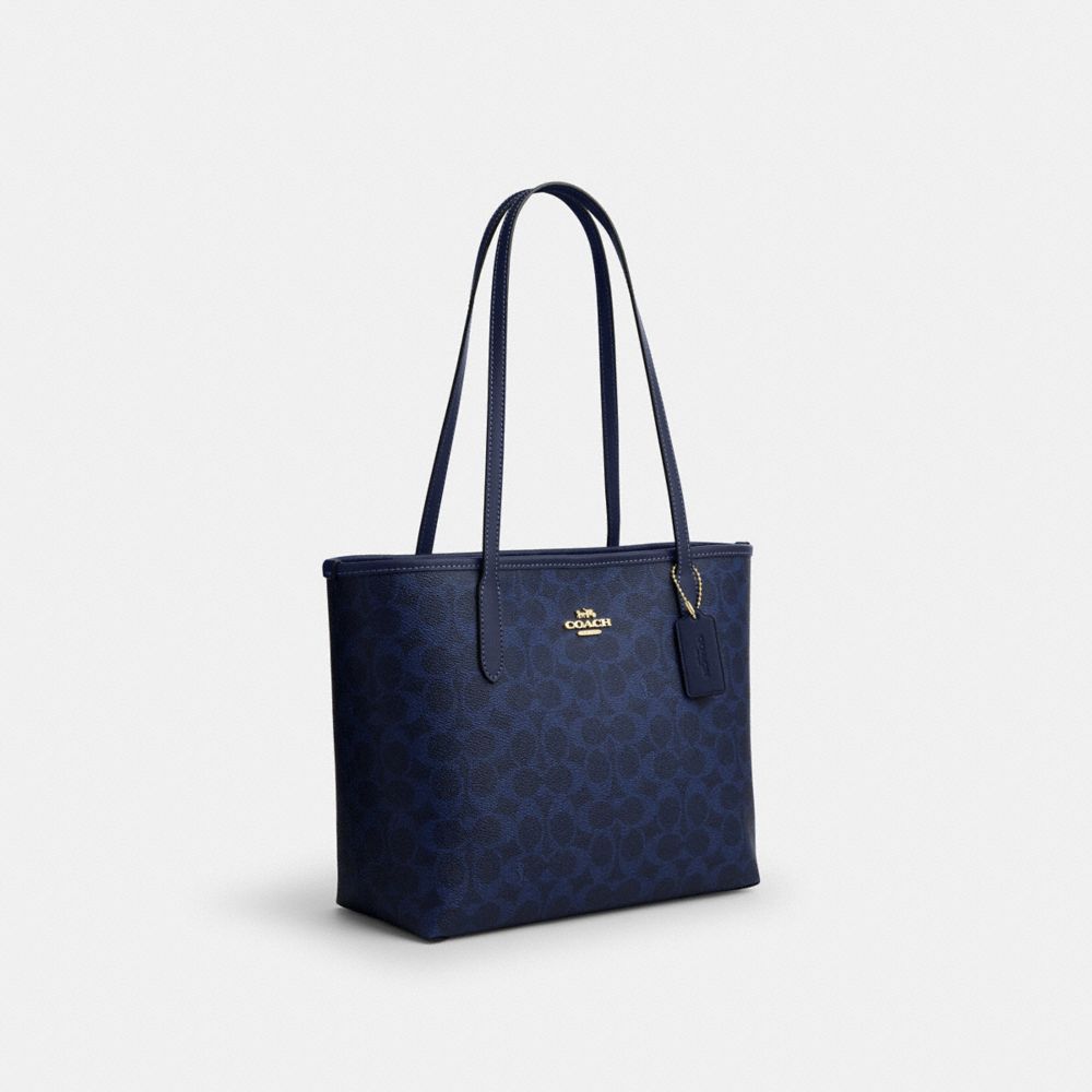 Coach Medium City Tote Bag In Signature Canvas Gold/Navy