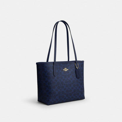 Coach Medium City Tote Bag In Signature Canvas Gold/Navy