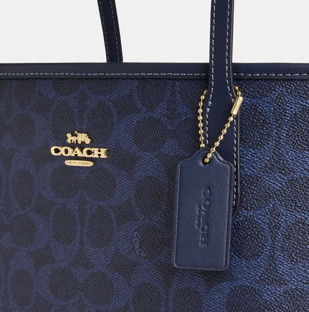 Coach Medium City Tote Bag In Signature Canvas Gold/Navy