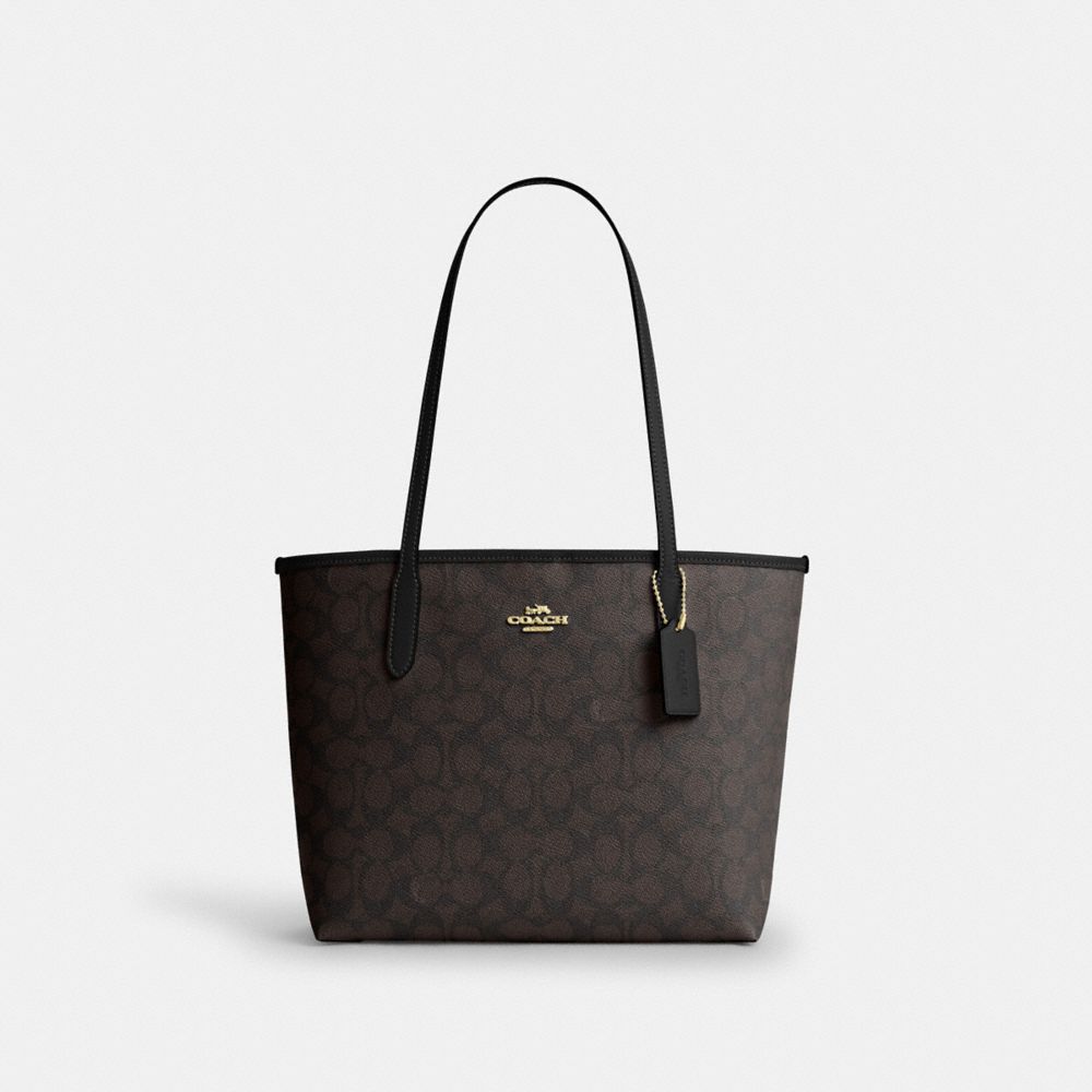 Coach Medium City Tote Bag In Signature Canvas Gold Walnut Black
