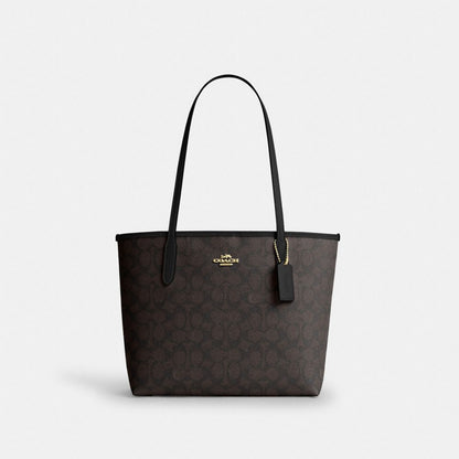 Coach Medium City Tote Bag In Signature Canvas Gold Walnut Black