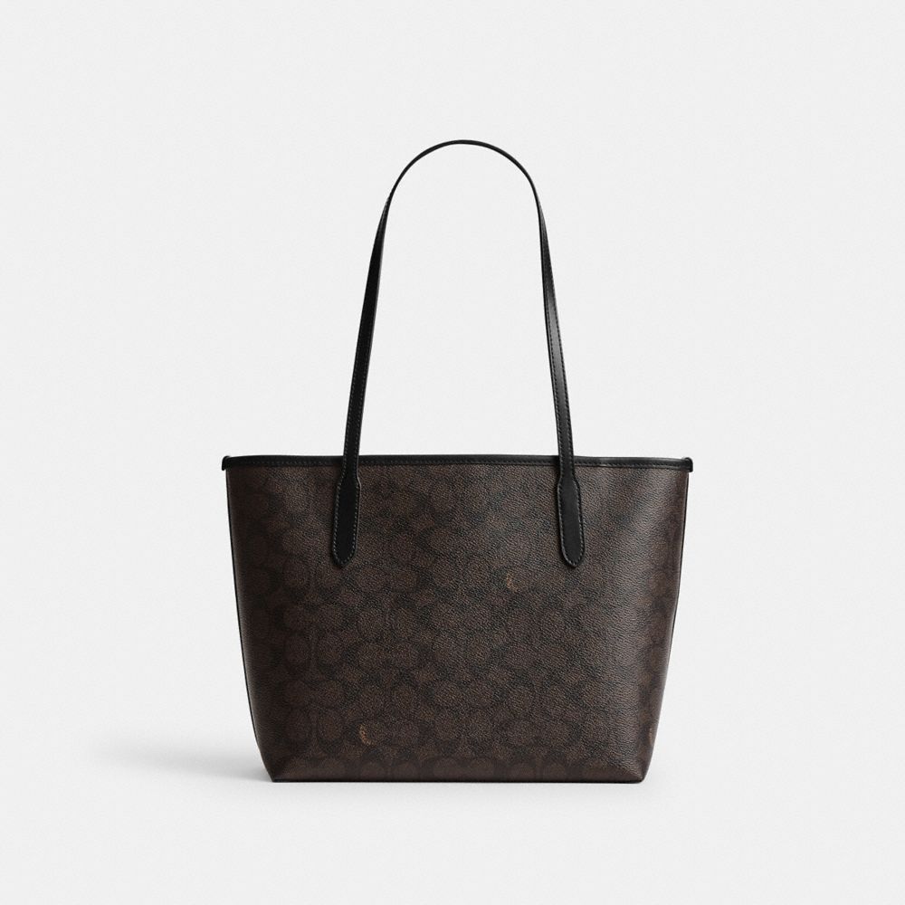 Coach Medium City Tote Bag In Signature Canvas Gold Walnut Black