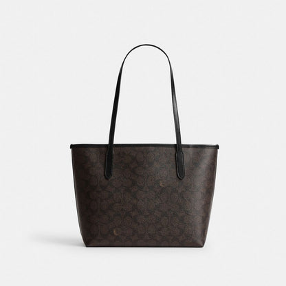 Coach Medium City Tote Bag In Signature Canvas Gold Walnut Black