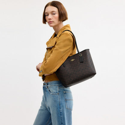 Coach Medium City Tote Bag In Signature Canvas Gold Walnut Black