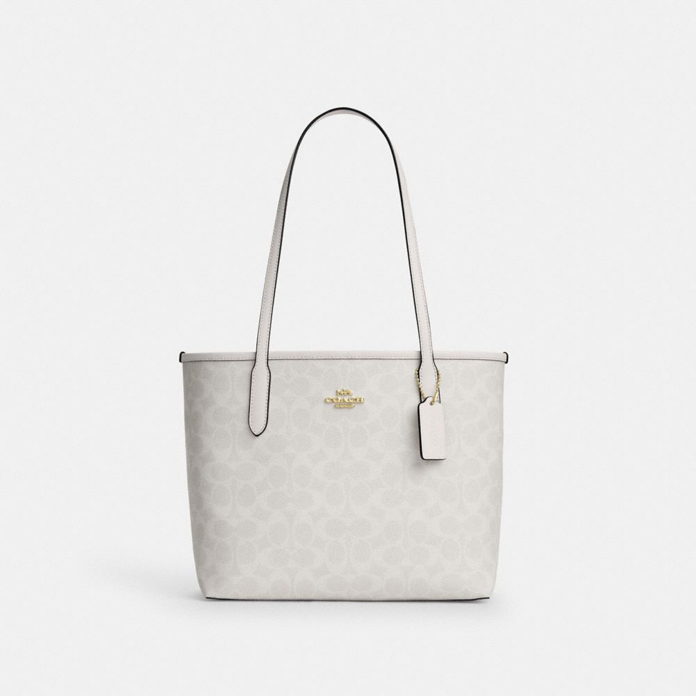 Coach Medium City Tote Bag In Signature Canvas Gold/White/Chalk