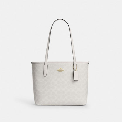 Coach Medium City Tote Bag In Signature Canvas Gold/White/Chalk