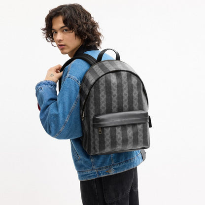 Coach Taylor Backpack In Signature Canvas With Stripes Gunmetal Black Grey