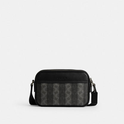 Coach Graham Crossbody Bag In Signature Canvas With Stripes Gunmetal Black Grey