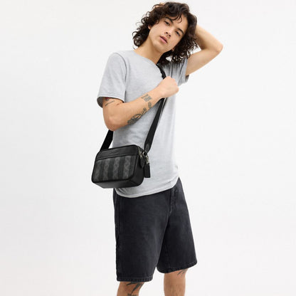 Coach Graham Crossbody Bag In Signature Canvas With Stripes Gunmetal Black Grey