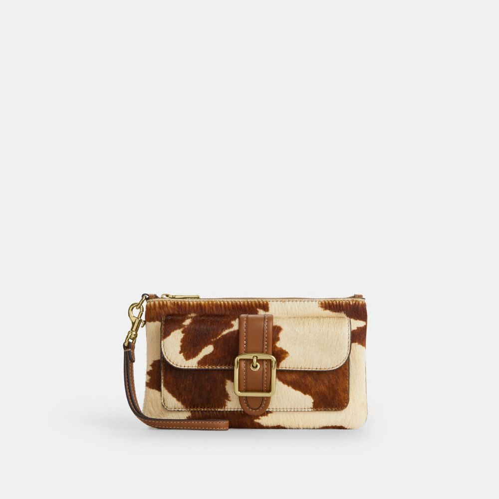 Coach Ashton Wristlet In Haircalf With Cow Print Gold Cow Multi