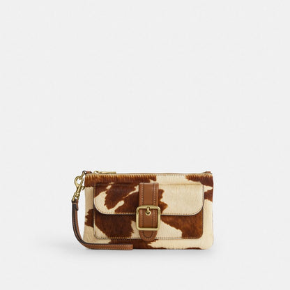 Coach Ashton Wristlet In Haircalf With Cow Print Gold Cow Multi