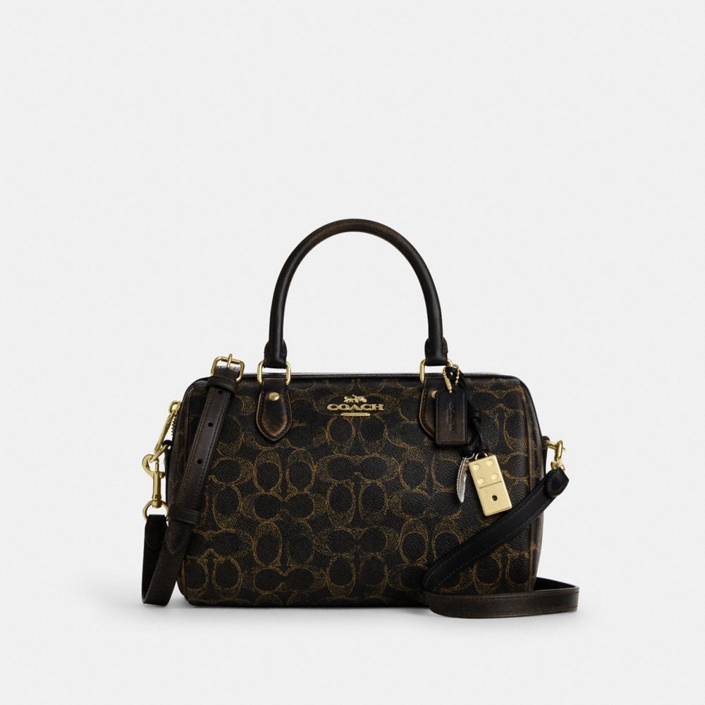 Coach Rowan Satchel Bag In Loved Signature Canvas With Charms Gold Brown