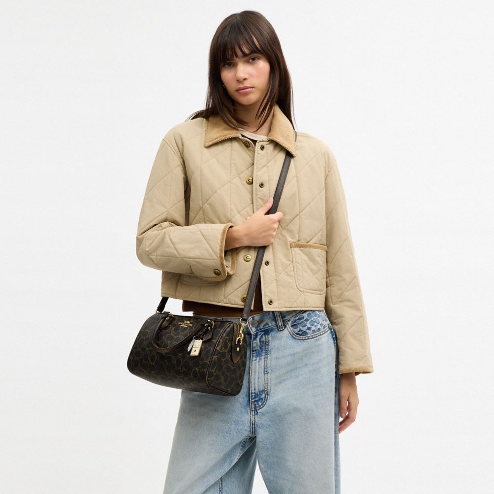 Coach Rowan Satchel Bag In Loved Signature Canvas With Charms Gold Brown
