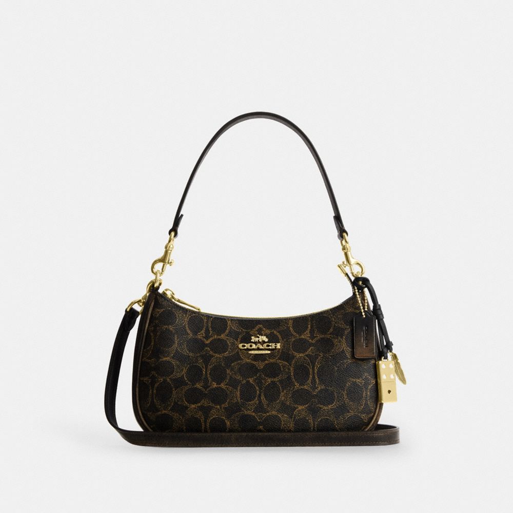 Coach Teri Shoulder Bag In Loved Signature Canvas With Charms Gold Brown