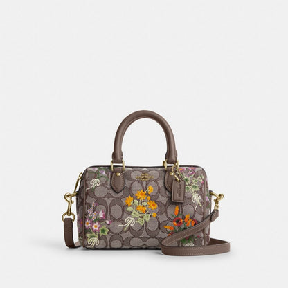 Coach Mini Rowan Crossbody Bag In Signature Jacquard With Floral Embroidery Gold Oak Multi