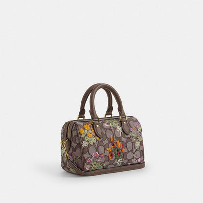 Coach Mini Rowan Crossbody Bag In Signature Jacquard With Floral Embroidery Gold Oak Multi