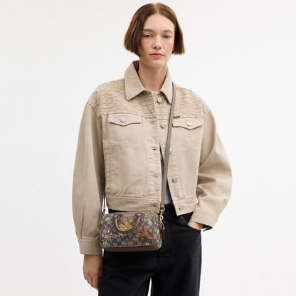 Coach Mini Rowan Crossbody Bag In Signature Jacquard With Floral Embroidery Gold Oak Multi