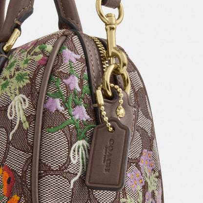 Coach Mini Rowan Crossbody Bag In Signature Jacquard With Floral Embroidery Gold Oak Multi