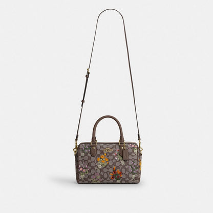 Coach Rowan Satchel Bag In Signature Jacquard With Floral Embroidery Gold Oak Multi