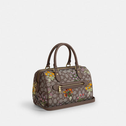 Coach Rowan Satchel Bag In Signature Jacquard With Floral Embroidery Gold Oak Multi