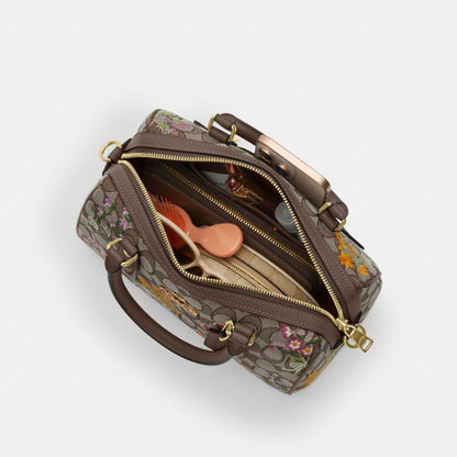 Coach Rowan Satchel Bag In Signature Jacquard With Floral Embroidery Gold Oak Multi