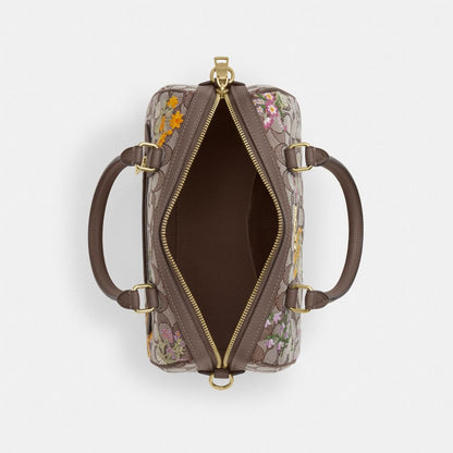 Coach Rowan Satchel Bag In Signature Jacquard With Floral Embroidery Gold Oak Multi