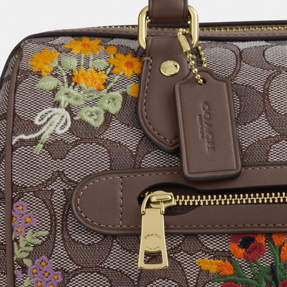 Coach Rowan Satchel Bag In Signature Jacquard With Floral Embroidery Gold Oak Multi